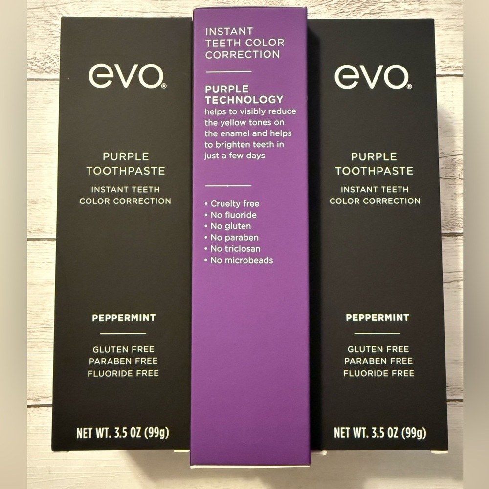 3 EVO Purple Toothpaste Teeth Color Correction PEPPERMINT Fluoride Free 3.5 oz